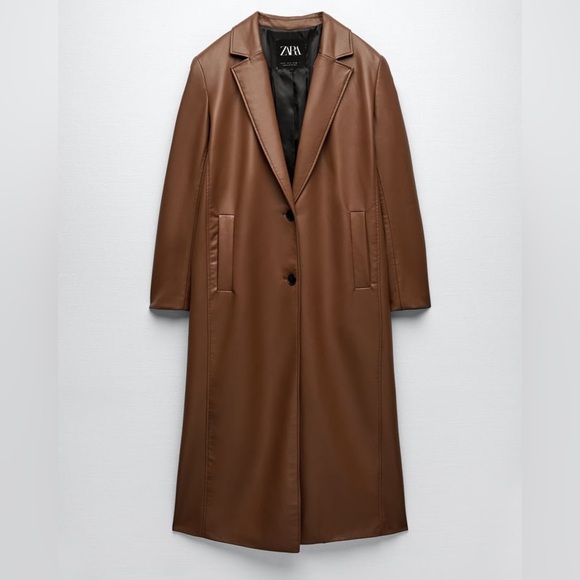 Zara Jackets & Blazers - Zara Faux Leather Long Trench  Coat | Size XS Brown